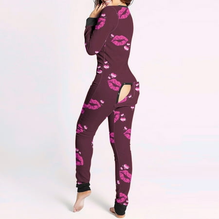 

PEONAVET Onesie Pajamas for Women Sexy V Neck Butt Button Flap Jumpsuit Valentine s Day Heart Printed Jumpsuits Long Sleeve Button Onesies Pajama Club Rompers Sleepwear