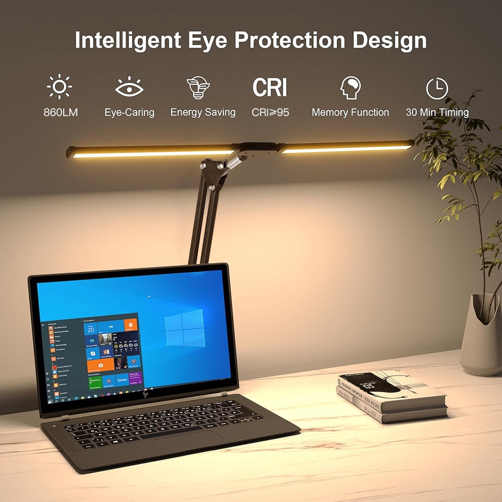 LED Desk Lamp for Home Office, Tall Double Head Desk Lamp with Clamp, Architect Desk Light, Foldable Computer Desk Light for Reading Study Work Gaming