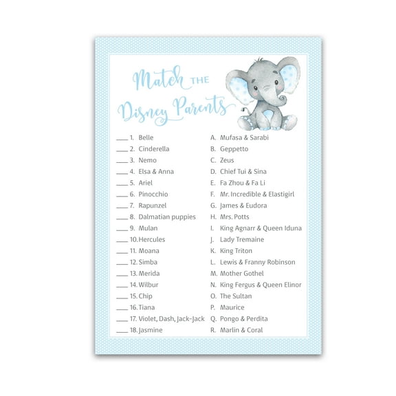 BOY Baby Shower Game — Cartoon Parent Match Baby Shower Games — Pack of 25 — Blue Elephant Shower Activity, Match Famous Cartoon Parents, Famous Star Kids Match Game G501-DPM