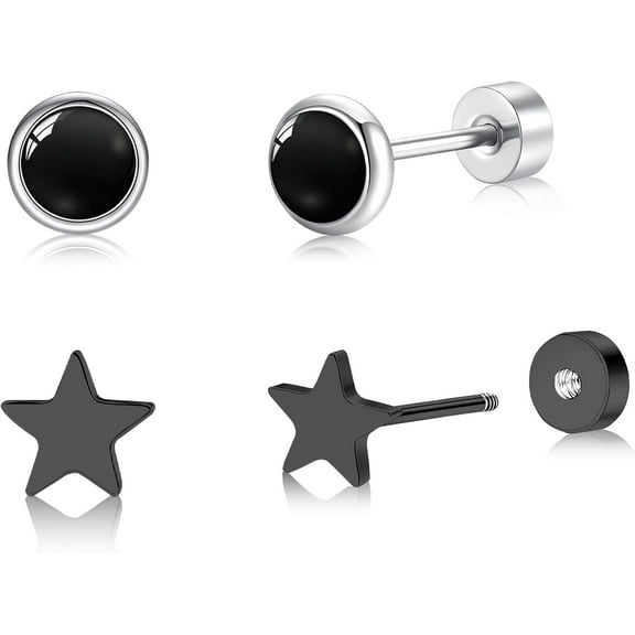 2 Pairs Titanium Black Onyx & Star Earrings - Flat Back Earring Black Stud Earrings for Men & Women -Hypoallergenic, Trendy Earring Ideal for Daily Wear, Parties & Gifting