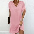 thumbnail image 2 of Dazajoo Womens Solid V Neck Mini Dress Casual Loose Batwing Short Sleeve Ruched Summer Elegant Flowy Short Beach Dress,Pink,M, 2 of 7