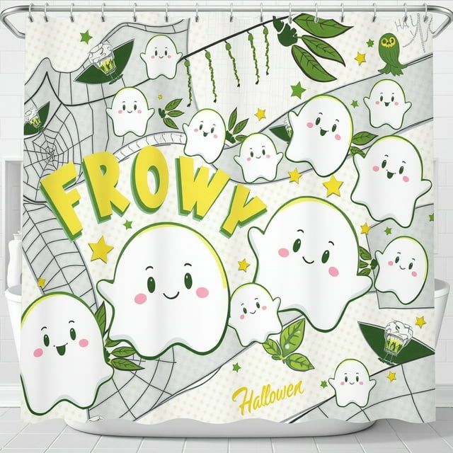 Rideau de Douche Festif d'Halloween avec Fantômes Amicaux, Hibou et Toiles d'Araignée