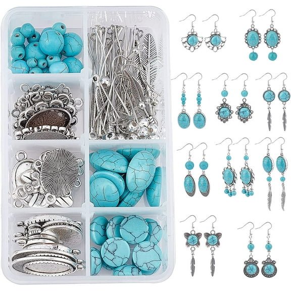 1 Box DIY 10 Pairs Turquoise Bead Earrings Making Kit Alloy Enamel Leaf Pendants Charms with Turquoise Beads Eye Pin & Earring Hooks for DIY Earring Jewelery Making Silver