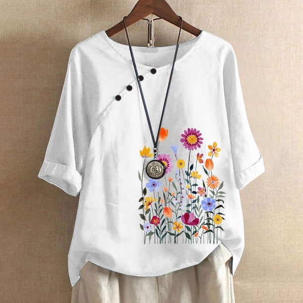 Fiudx Tops para Mujer Top de Manga Corta con Cuello Redondo y Botones Regulares con Estampado Sexy de Verano para Mujer