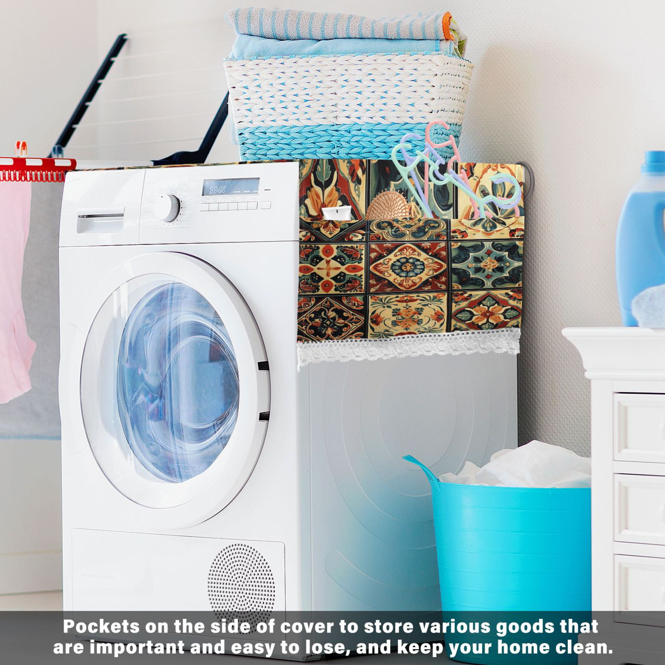 Carpet PatternsWasher and Dryer Covers Dust-Proof and Oil Resistant Fridge Cover with 4 Storage Pockets Washing Machine Top Cover for Laundry Kitchen Home 51.2 x 22 In