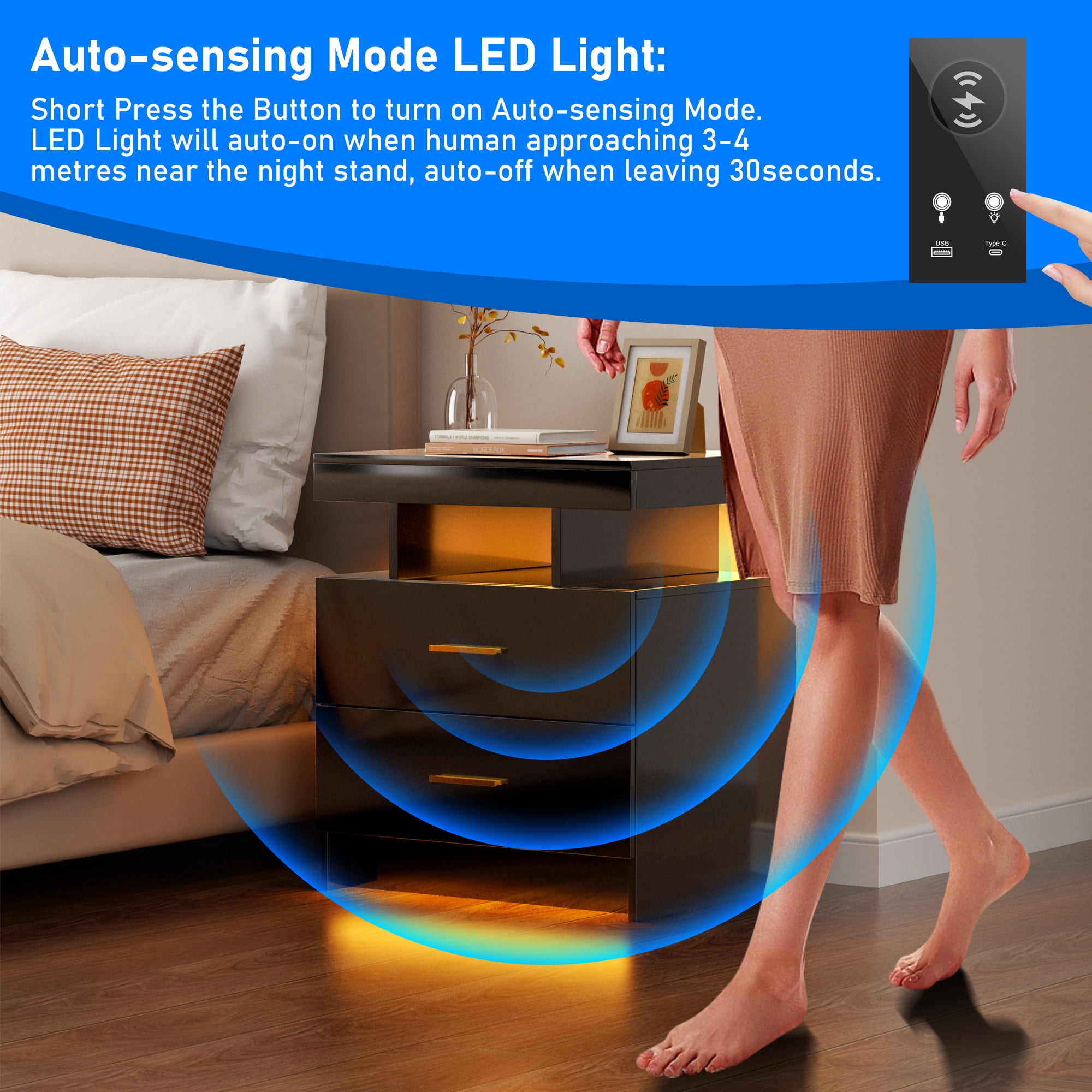 Dalattin LED Night Stand with Charger Station Type C USB Port, End Bedside Table for Bedroom, Black
