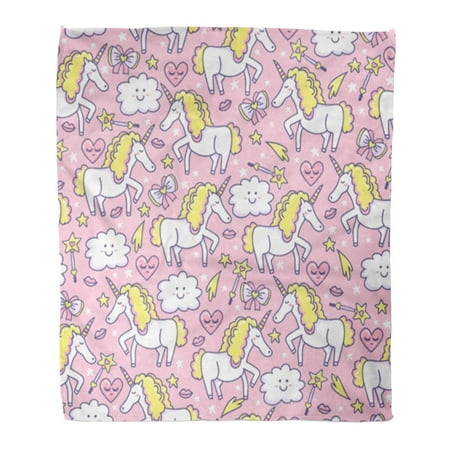 ASHLEIGH Flannel Throw Blanket I Love Unicorn Magical for Baby Clouds Hearts Stars Lips Bow and Magic Wand Sweet Dreams Pink 58x80 Inch Lightweight Cozy Plush Fluffy Warm Fuzzy Soft