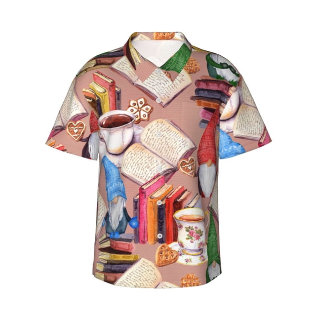 Balery Gnomes Books Tea Cups Camisas hawaianas de manga corta para hombre, camisas playeras de corte holgado, camisas de vacaciones con botones,3X-Large
