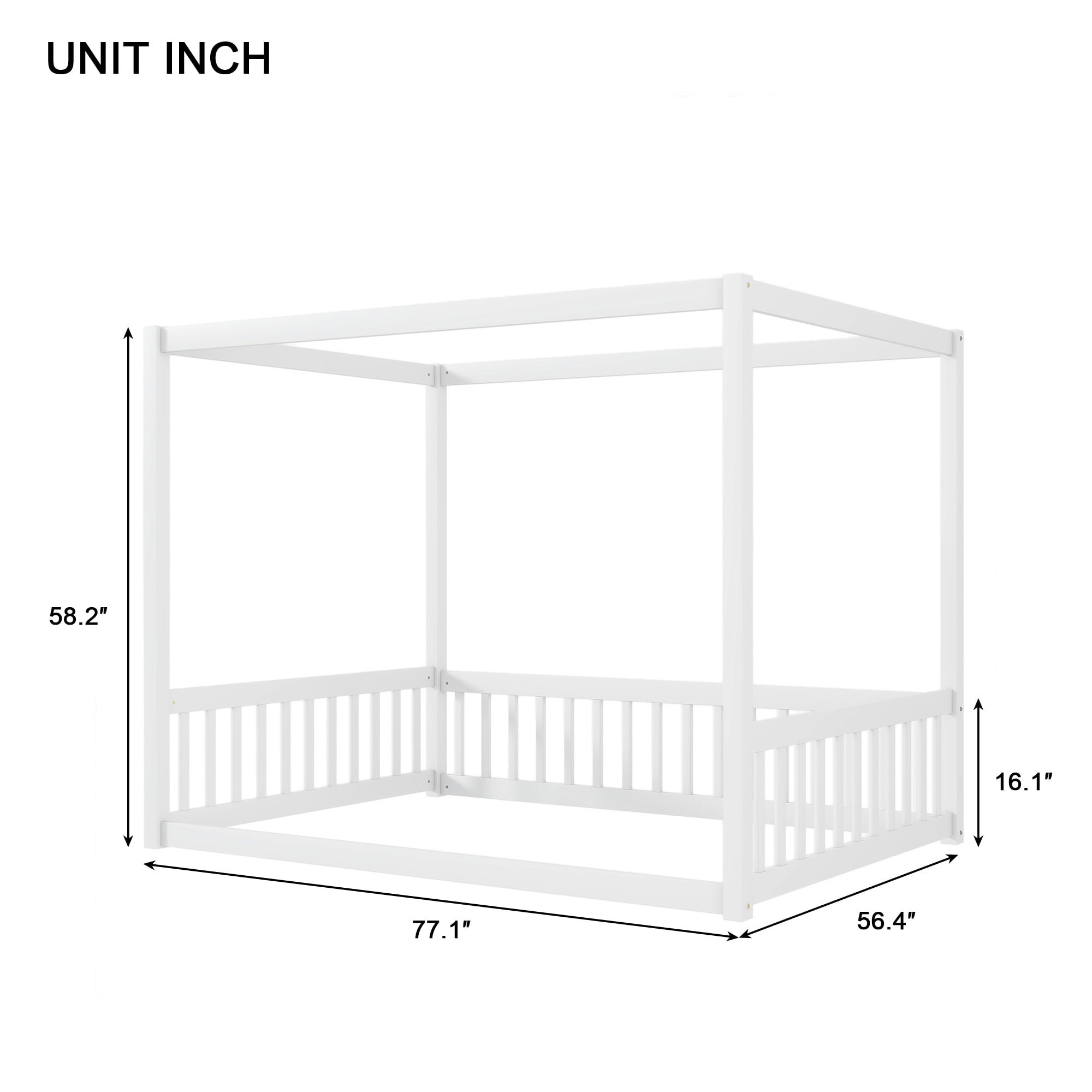 Sailvan Full Size Canopy Frame Rubber Wood Floor Bed with Fence,Guardrails