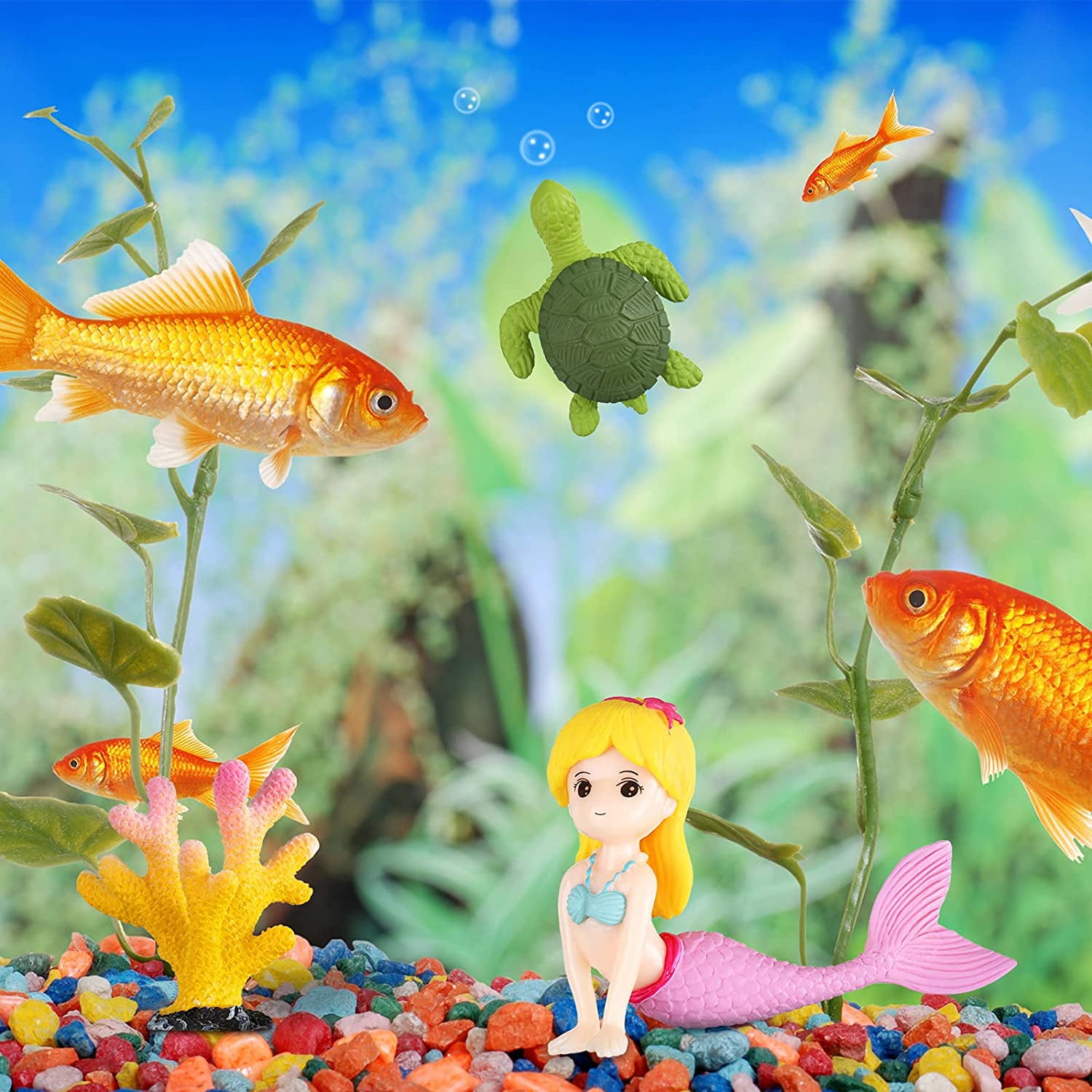 13 Pieces Mermaid Tank Decoration Set Aquarium Little Mermaid Ornament Miniature Mermaid Figurines Artificial Seaweed Plants Turtle Decor for DIY Craft Aquarium Fish Tank Desk Accessories Decoration W...