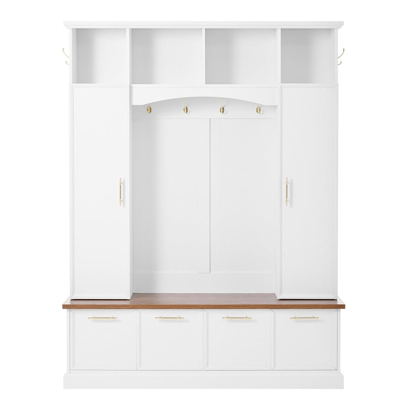 76.7''H Tall Hall Tree with Golden Hooks & Handles, Entryway Large Shoe Storage Bench with Cabinets & Adjustable Shelves