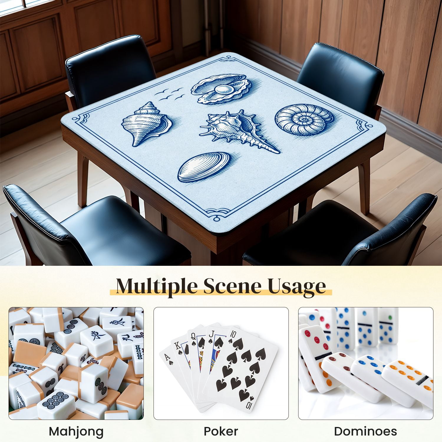 Mahjong Mat 31.5" x 31.5" Detailed Line Various Seashells Pearl Oyster Non-Slip Noise Reduction Mahjong Tiles Table Cover for Dominoes Poker Card Board and Tile Games
