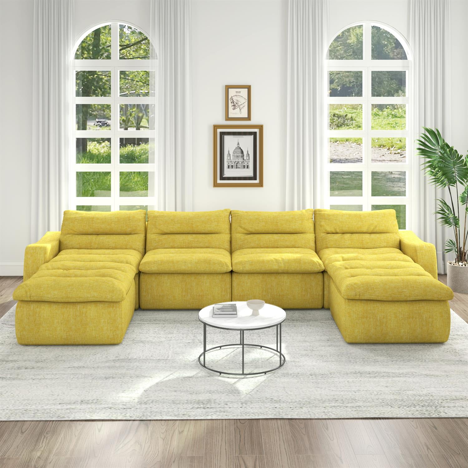 Demi Bonn 150" Modern L-Shaped Modular Sofa, Comfortable Beanbag Style, Stylish Lazy Couch for Living Rooms and Relaxation, Yellow