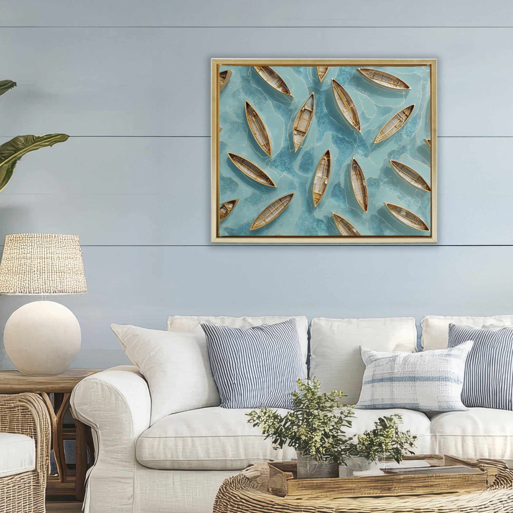 Harmonious Canoes on Water Gold Framed Floater Canvas Wall Art, design by Franklyn Gregory