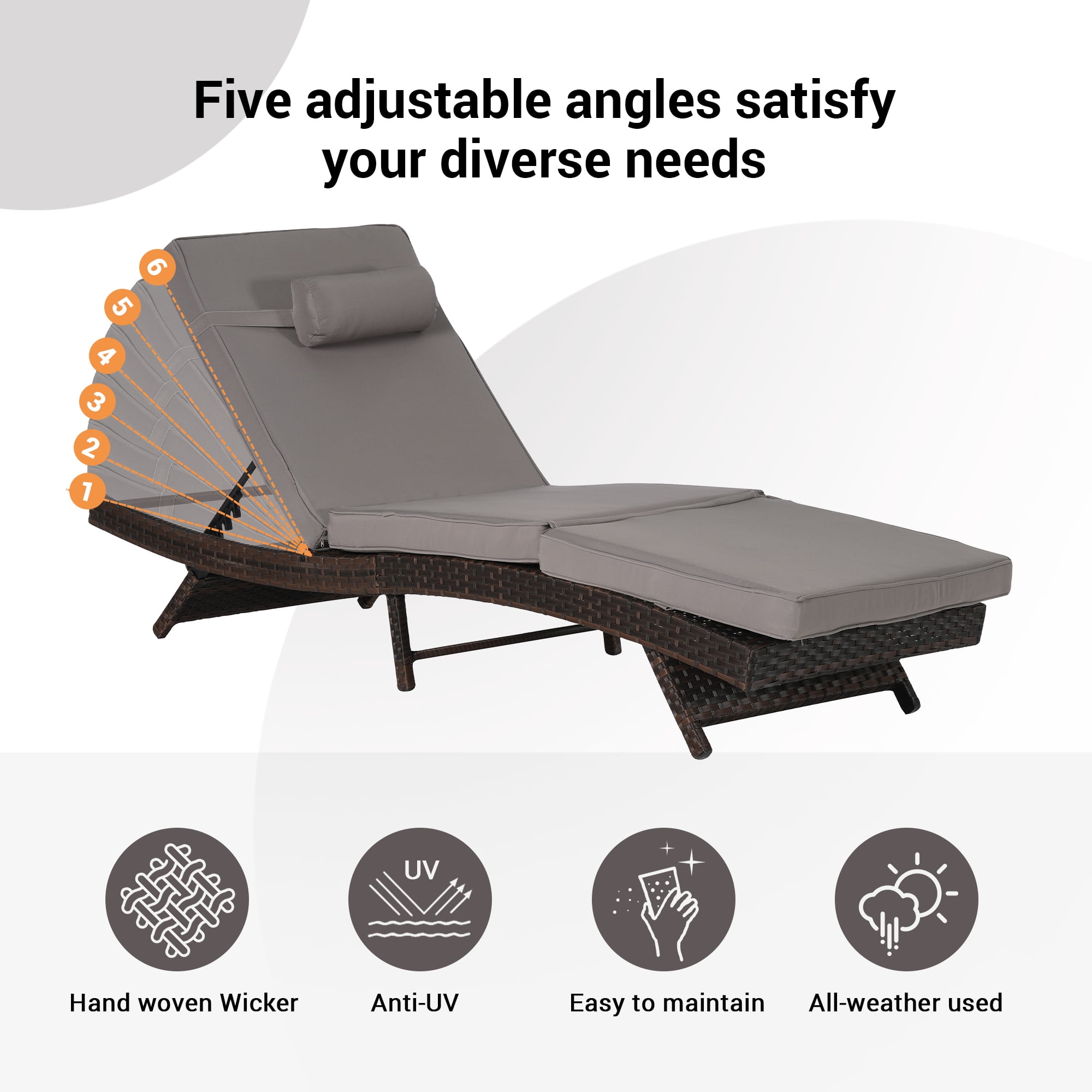 Leumius Outdoor Chaise Lounge Chair Set of 2,Wicker Long Reclining Chair with Cushions and Backrest Adjustable to 150° for Outside Pool Patio,Dark Gray