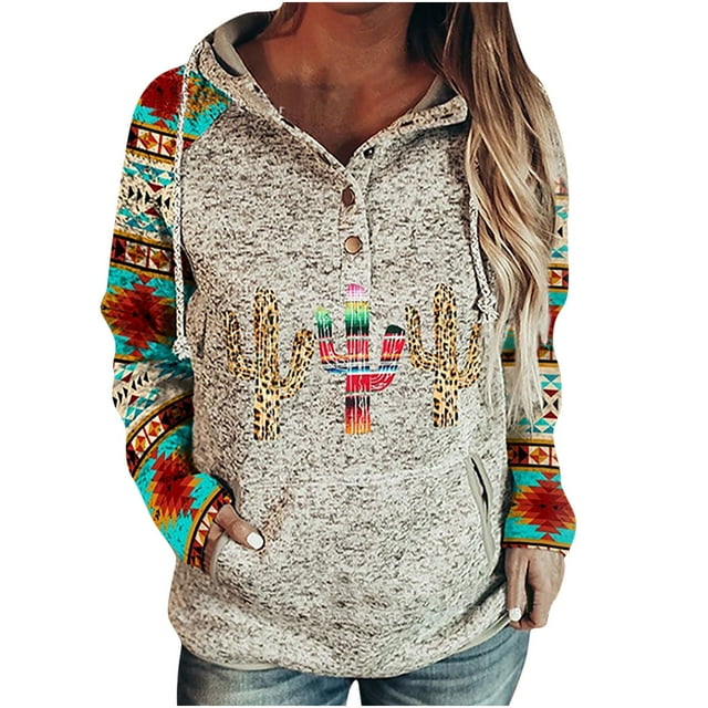 Honeeladyy - Sudadera con capucha y estampado de cactus y leopardo para mujer, estilo túnica con bolsillo, estilo tie-dye, informal, de manga larga, con estampado gráfico