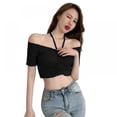thumbnail image 1 of Women‘s Off Shoulder Frill Knot Front Knit Short Sleeve Crop Tops, 1 of 3