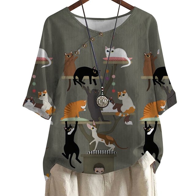 CHOK Blouse Col Rond Imprimé Graphique Animal Tees Décontracté Mode Urbaine Tops Grande Taille pour Femmes