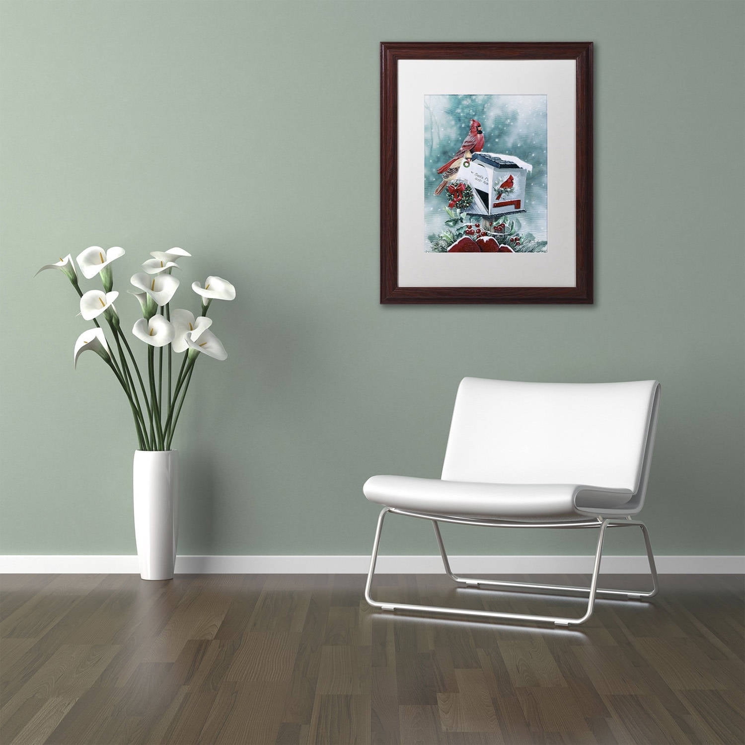 Trademark Fine Art 'Christmas Cardinals' Canvas Art by Jenny Newland, White Matte, Wood Frame