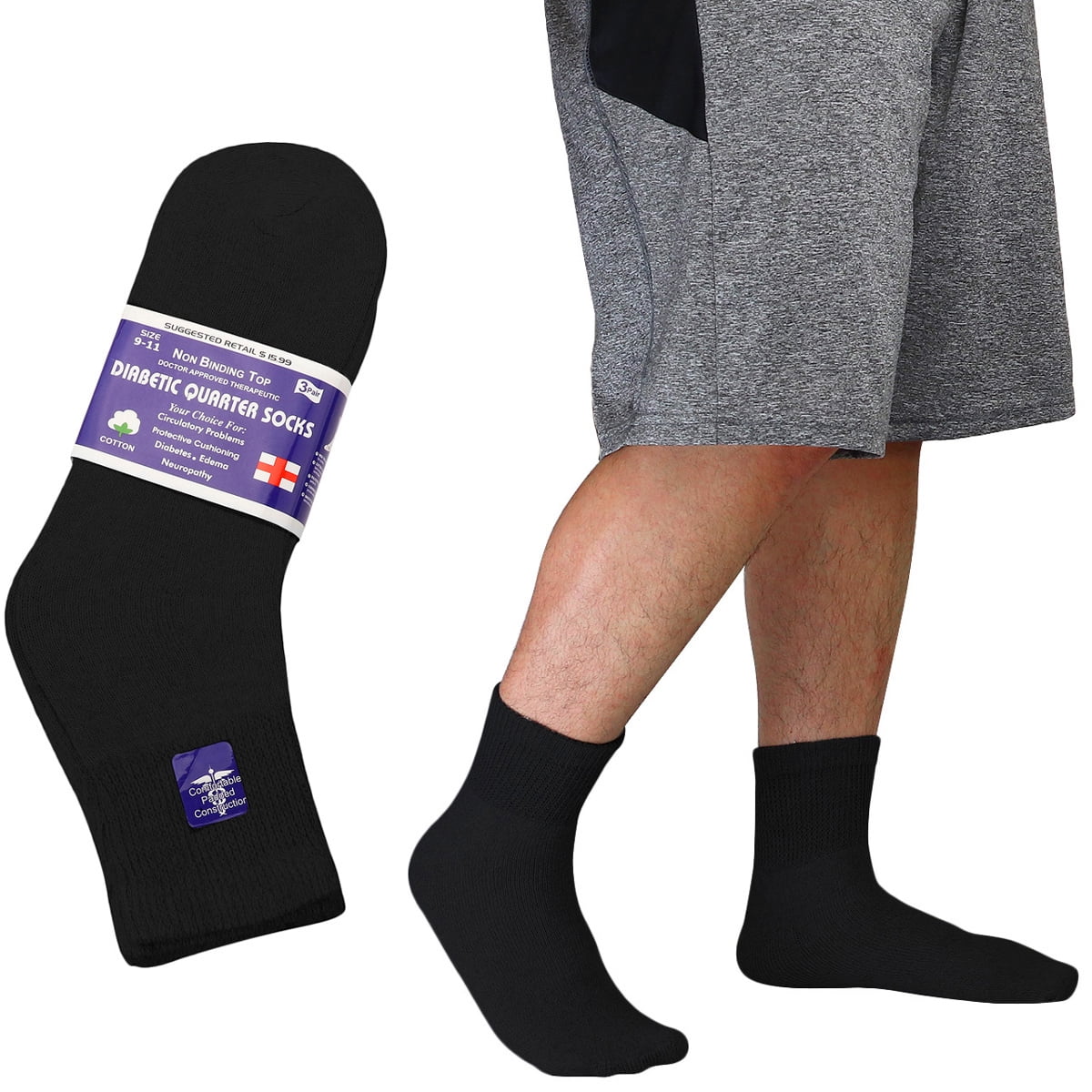 Falari 3-Pack Diabetic Socks Ankle Unisex Physicians Approved Socks Size 10-13 Black