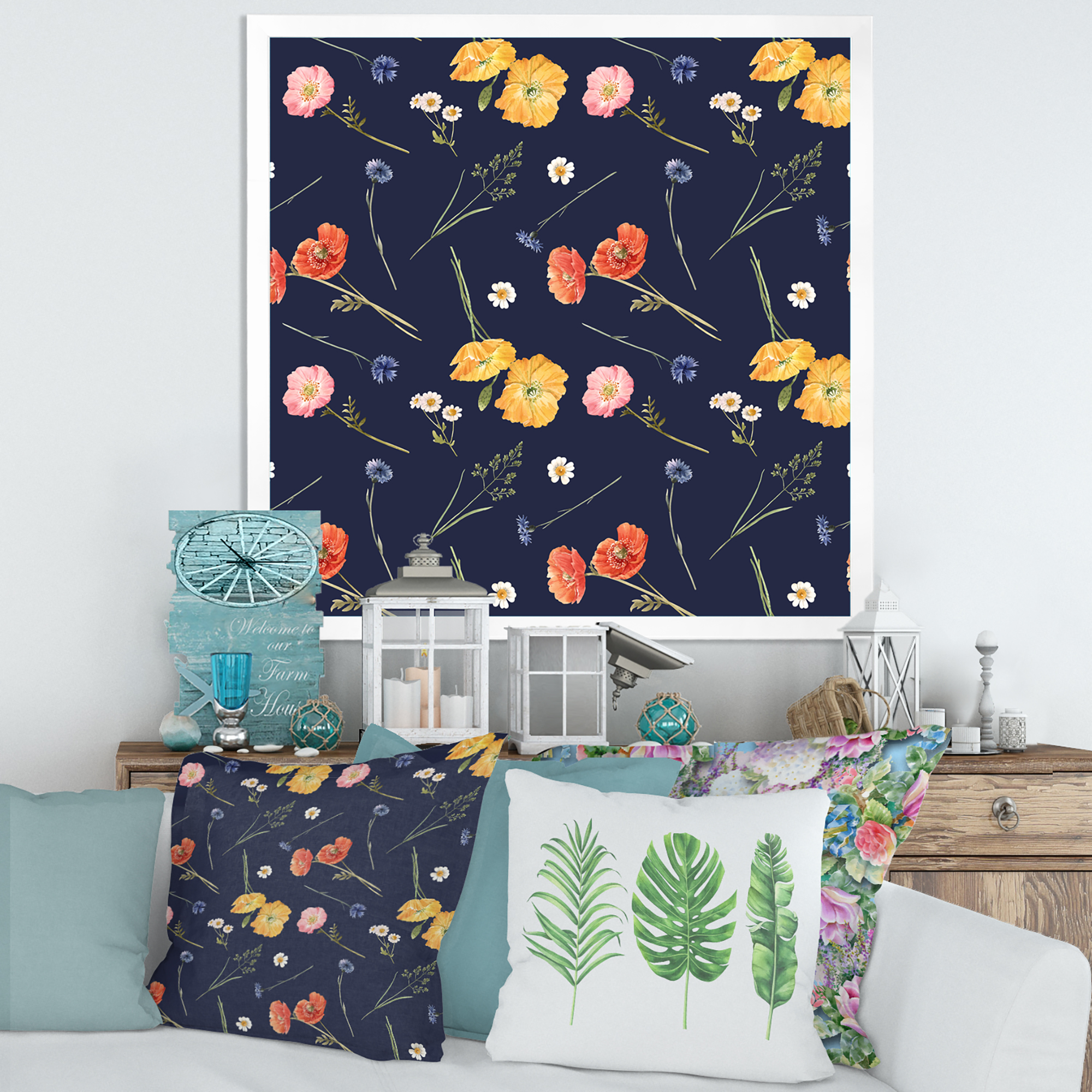 Designart 'Yellow and Orange Wild Flowers On Dark Blue' Traditional Framed Art Print