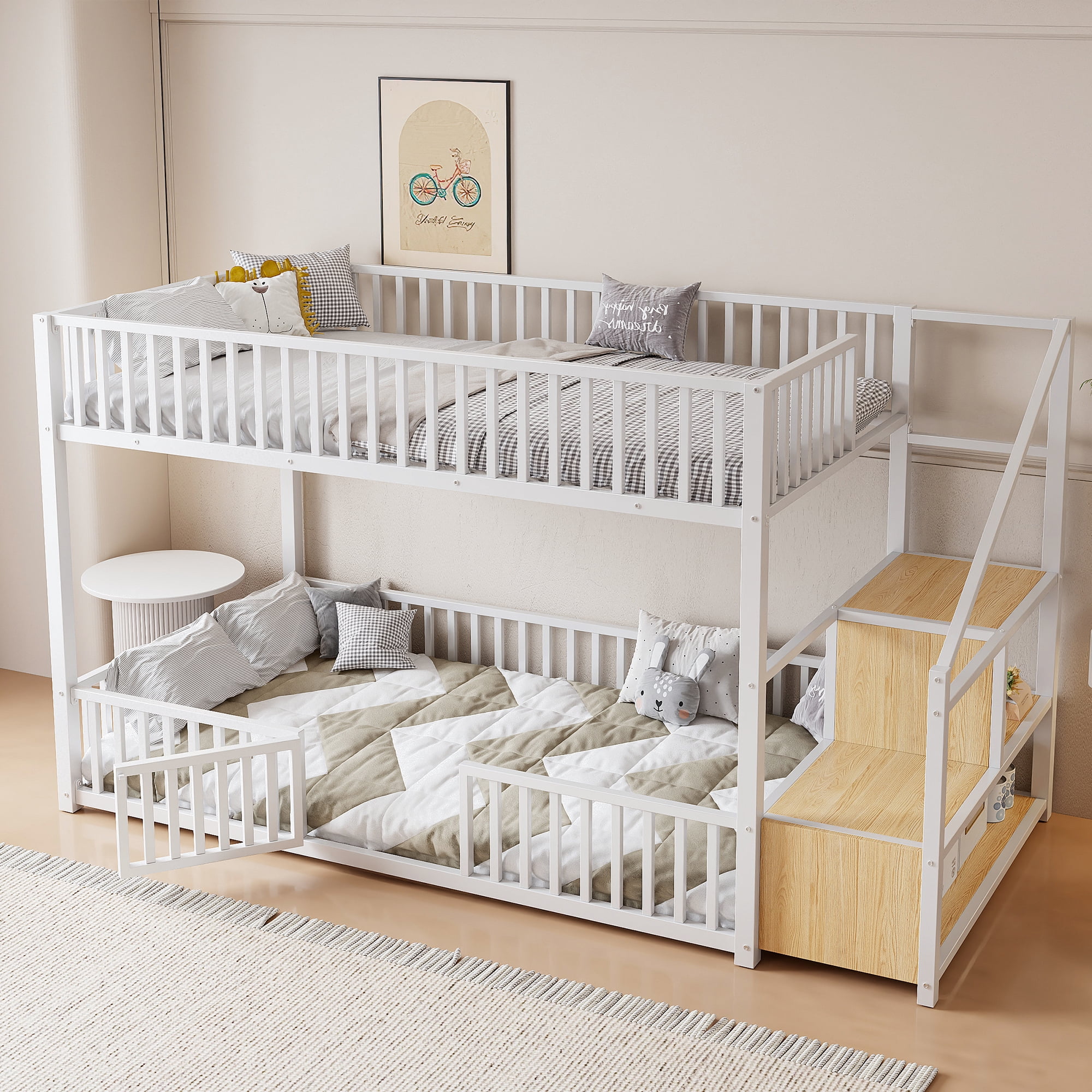Euroco Metal Twin over Twin Bunk Bed with Staircase and Guardrails, White
