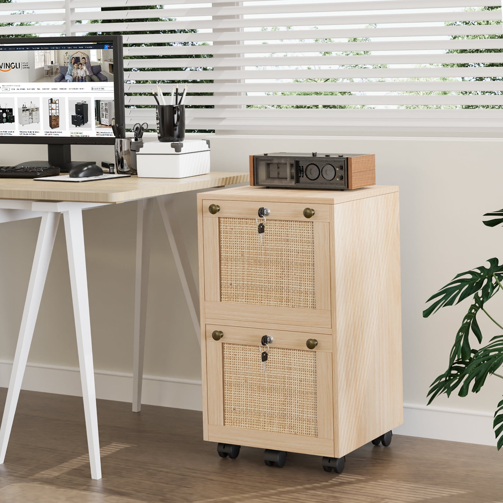 Ktaxon Rattan Wood File Cabinet with 2 Drawers,  Portable Vertical Mobile Wooden Storage Filing Cabinet, for Home Office, Natural