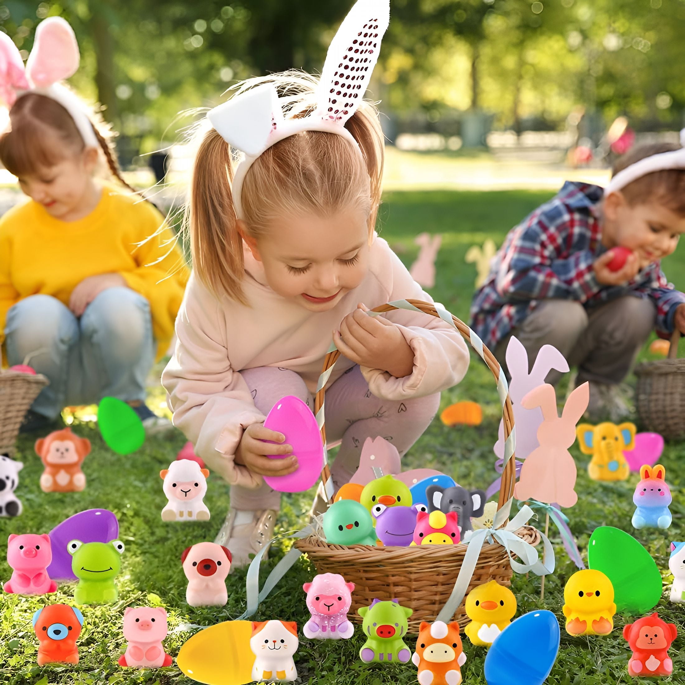 CYFW 24pcs Prefilled Easter Eggs with Animal Toys,Easter Basket Stuffers Egg Hunt Egg Fillers Squeeze Toys for Boys Girls Easter Party Favors for Kids Classroom Prize