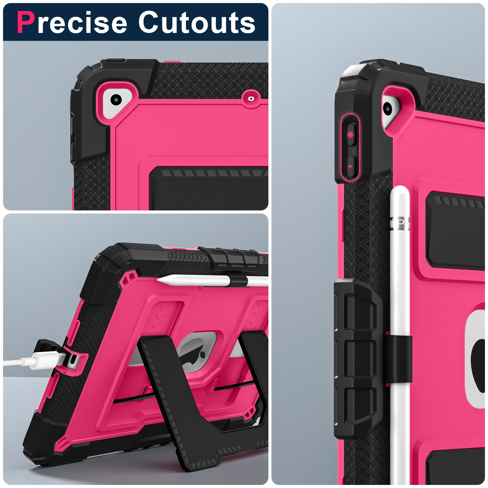 ELEHOLD 3-Layer Rugged Case For Apple iPad Mini 7th 6th Generation Heavy Duty Shockproof Cover, [Drop Protection], [Logo Visible], With Kickstand & Pencil Holder & Shoulder Strap, Black+Rose
