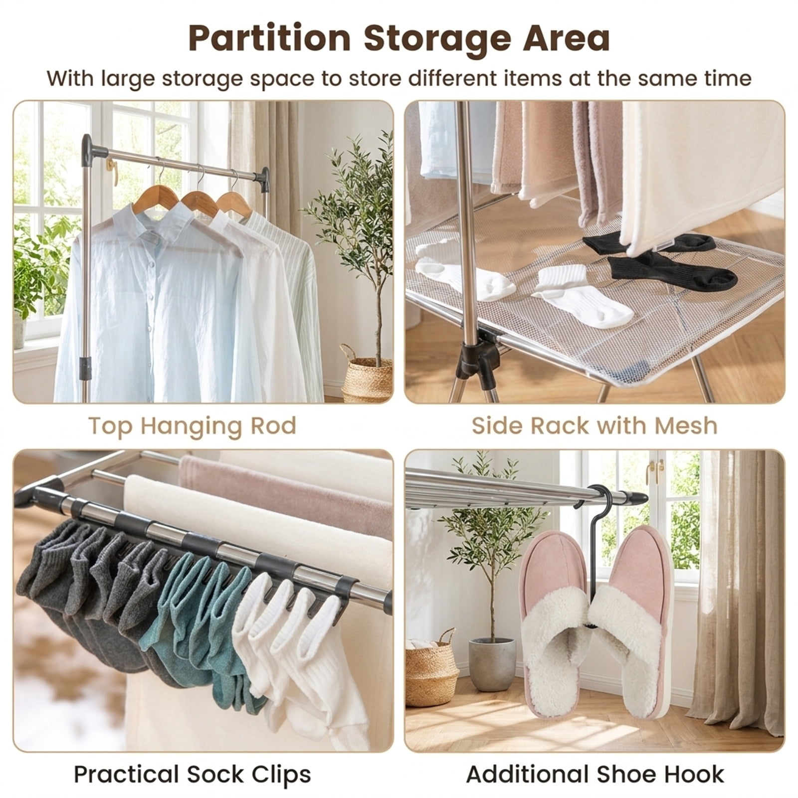 Vebreda Large Foldable Clothes Drying Rack with Tall Hanging Bar, Smart Drying Solution, Height Adjustable Gullwing, Superior Stainless Steel