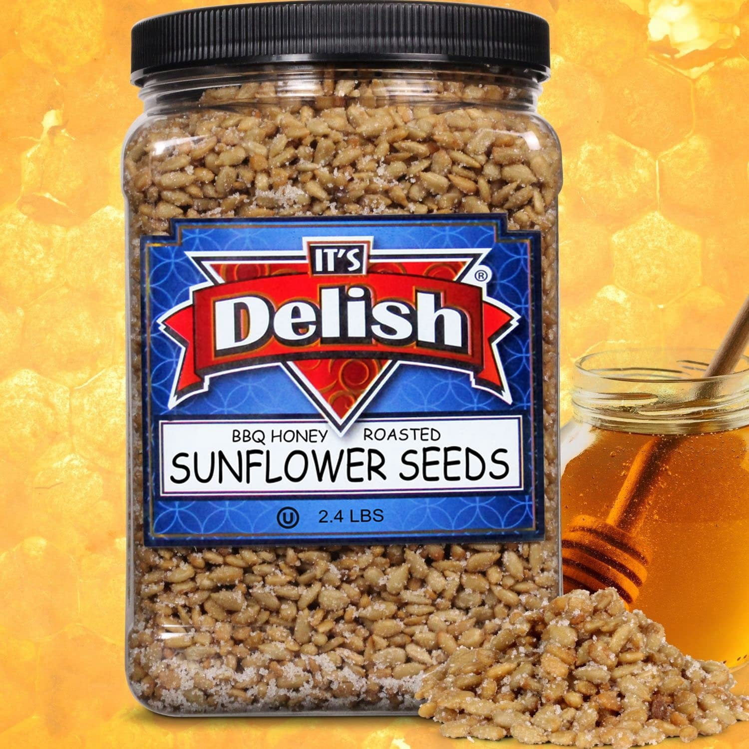 BBQ Honey Roasted Sunflower Seeds by It's Delish, 2.4 LBS Reusable Jumbo Container  Gourmet Sunflower Seeds in Honey Sugar Coating and Barbecue Seasoning, Sweet & Savory Seed Snack - Vegan, Kosher...