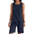 thumbnail image 1 of Dazajoo Ensembles Décontractés Deux Pièces pour Femmes, Hauts Sans Manches à Col Rond Assortis à des Shorts à Taille Élastique avec Poches, Navy, L, 1 of 7