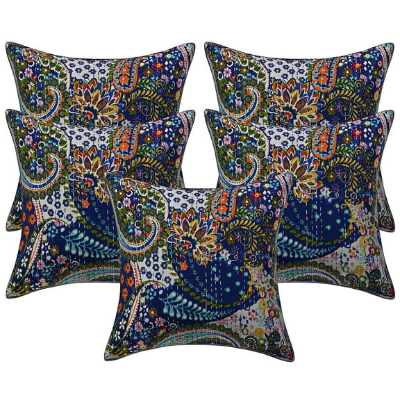 Stylo Culture Indian Decorative Throw Pillow Covers 16 x 16 Floral Kantha Dark Blue Printed 40x40 cm Home Decor Cotton Paisley Square Cushion Covers | Set Of 5