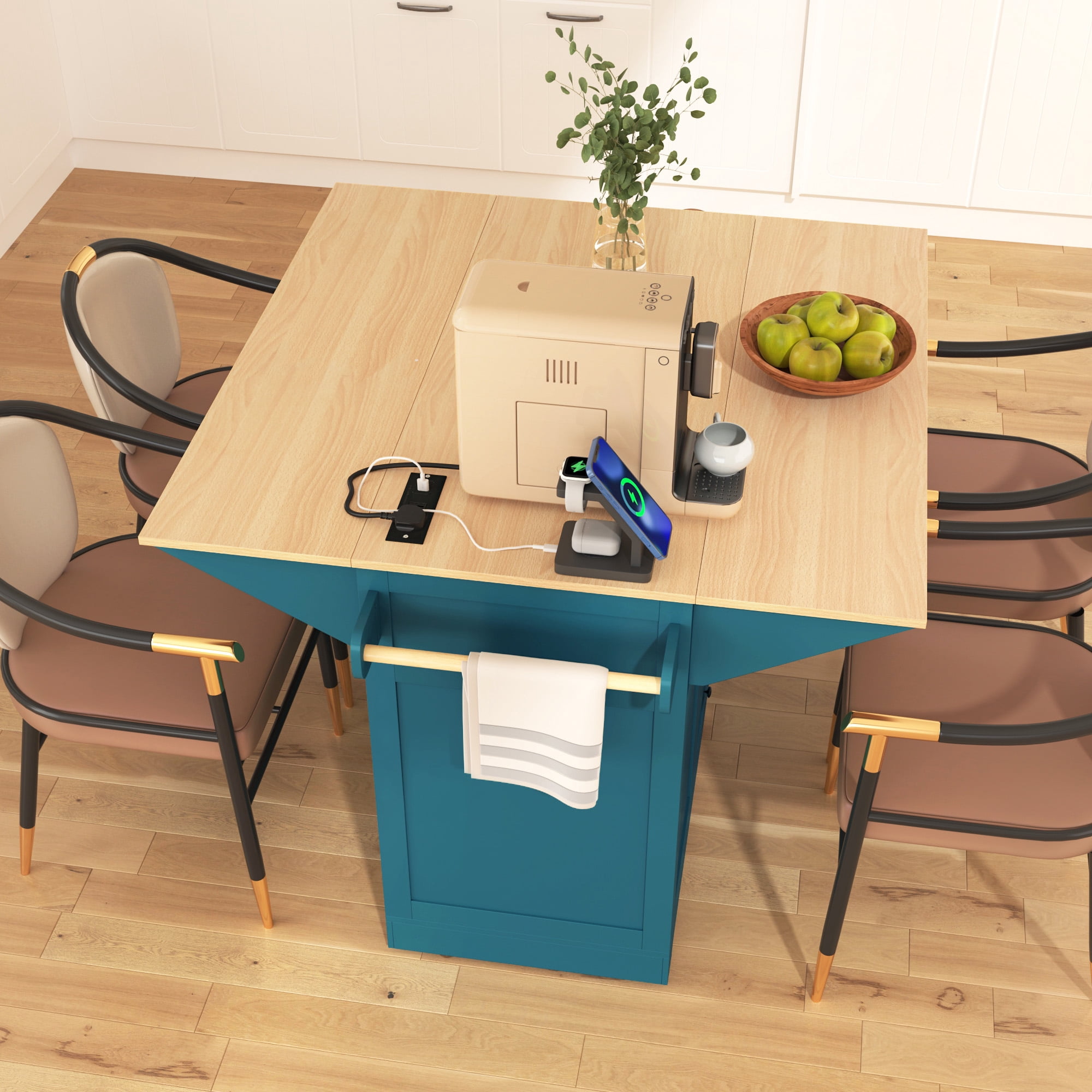 Large Kitchen Island with 2 Drop Leaf for Kitchen and Dining Room, Rolling Kitchen Cart on 5 Wheels with Power Outlet,55.7'' x(17.3”~33.5”)x36.5” Green