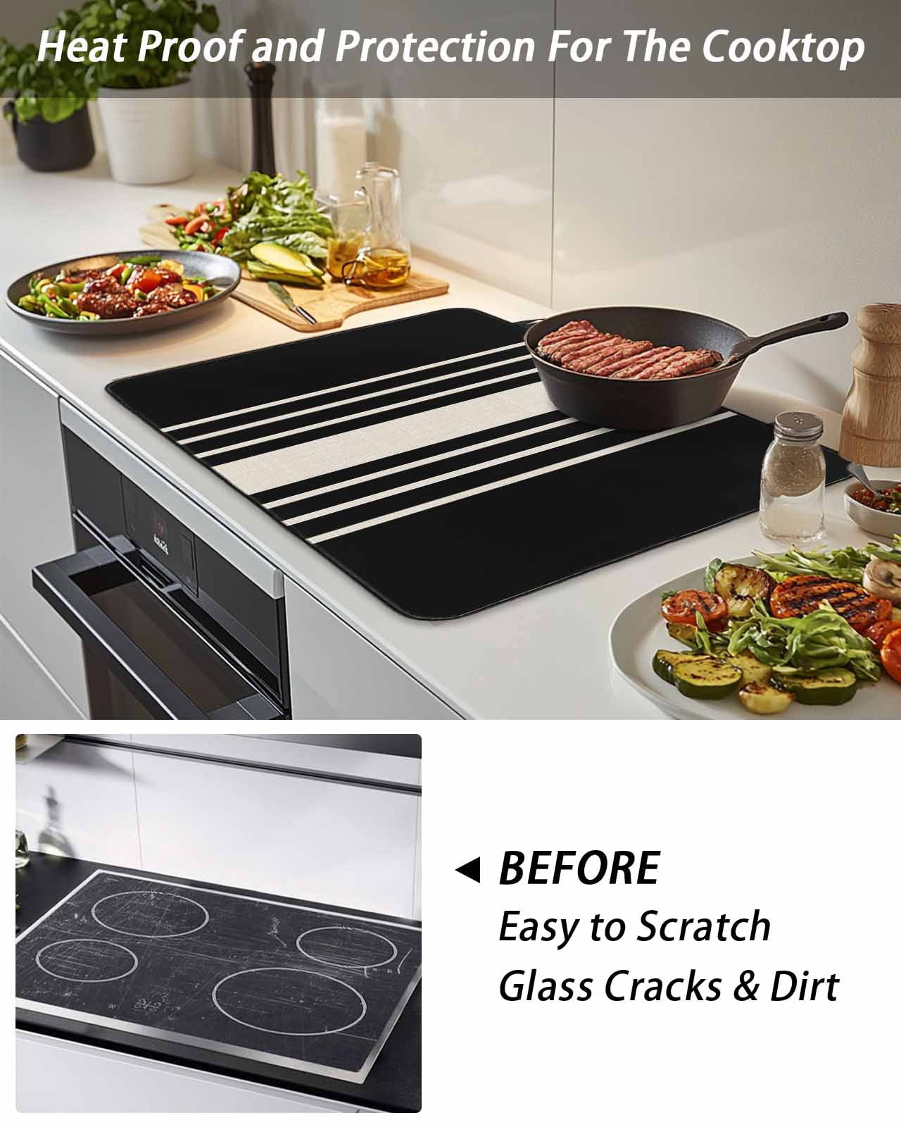 Stove Top Covers for Electric Stove, Black Beige Striped Glass Stovetop Cover Protector, Modern Farmhouse Retro Lines Induction Cooktop Protector Oven Mat for Kitchen Countertop 24"x21"
