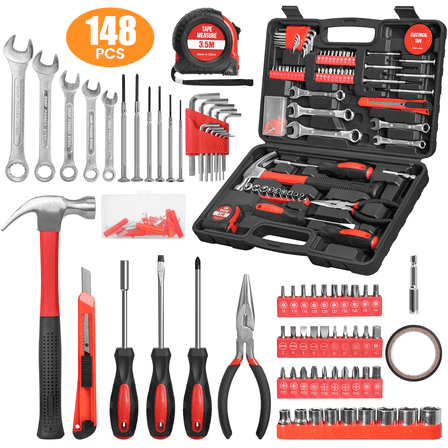 Cshidworld 148-Piece Tool Set General Household Hand Kit with Plastic Toolbox Storage Case, Mechanic Basic Home Tool Kit for Men and Women, All Essential Repair Tools for Home Garage and Office, Red