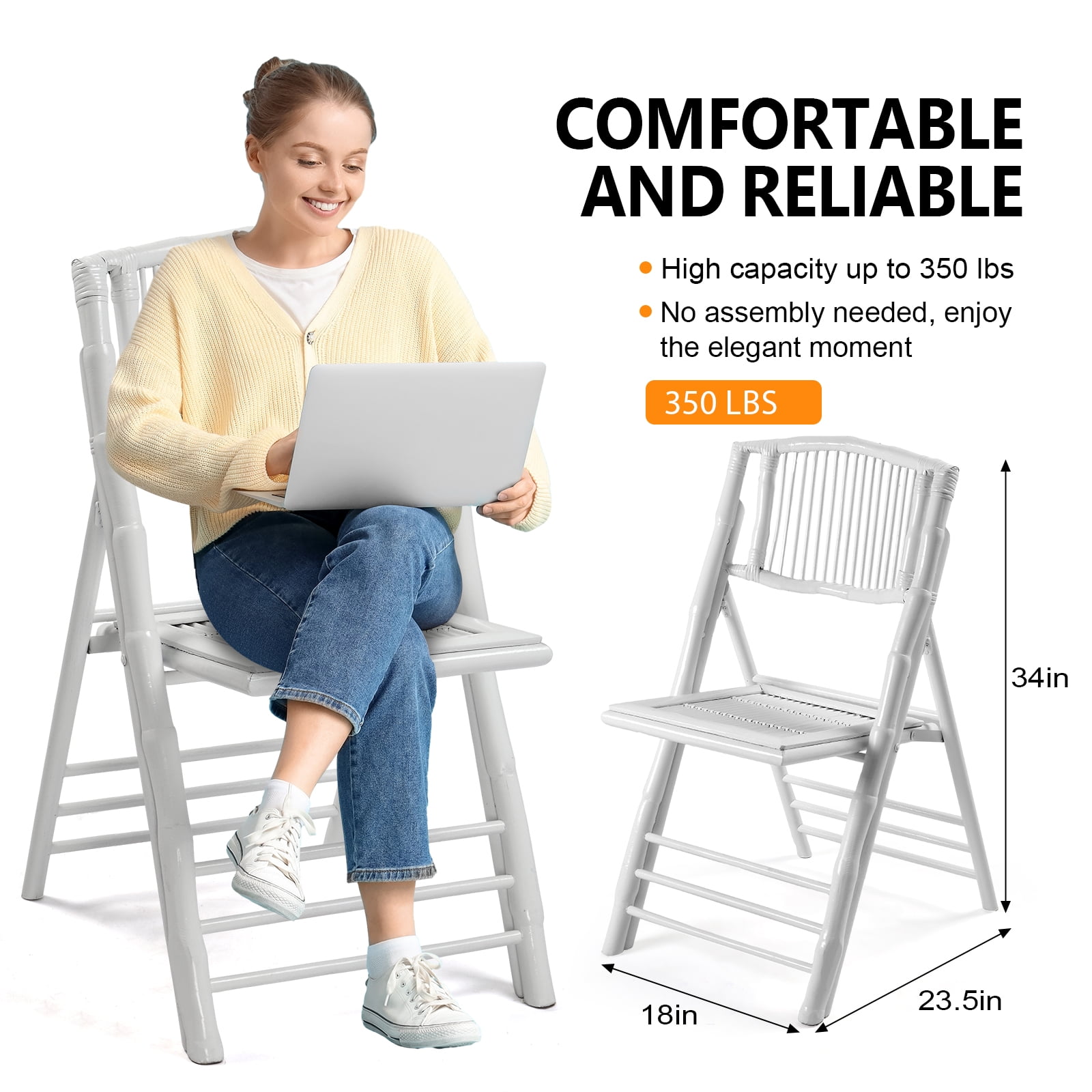 Ktaxon 4Pcs Bamboo Folding Chair,  Comfortable Seat for Indoor Outdoor Patio Porch Wedding  Party Event, White