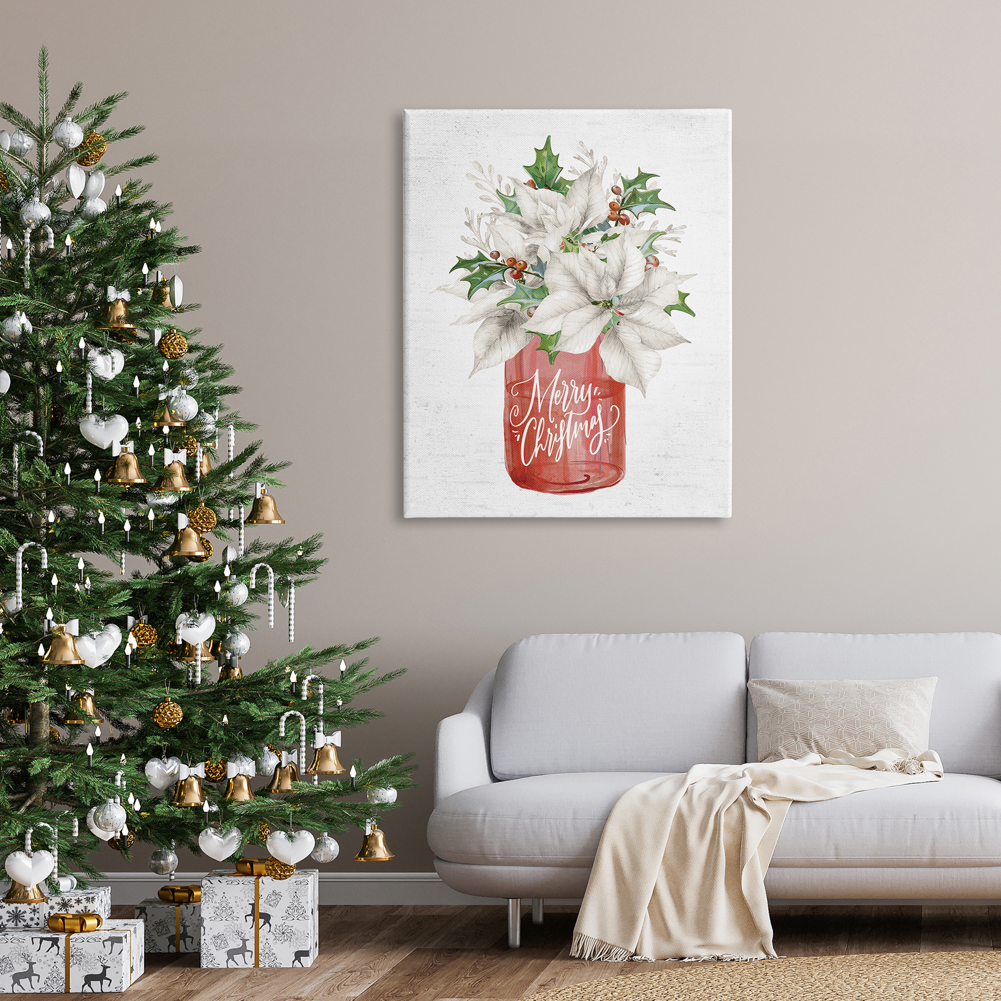 Merry Christmas White Poinsettia Holly Berries Bouquet Botanical & Floral Graphic Art Gallery-Wrapped Canvas Print Wall Art