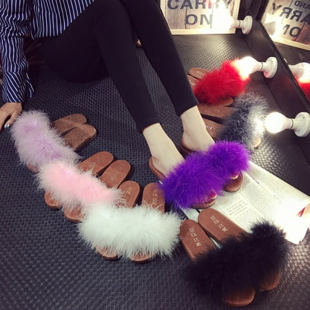 Womens New Feather Fluffy Flats Slippers Mules Slip On Creepers Sandals (Best Flat Mules 2019)