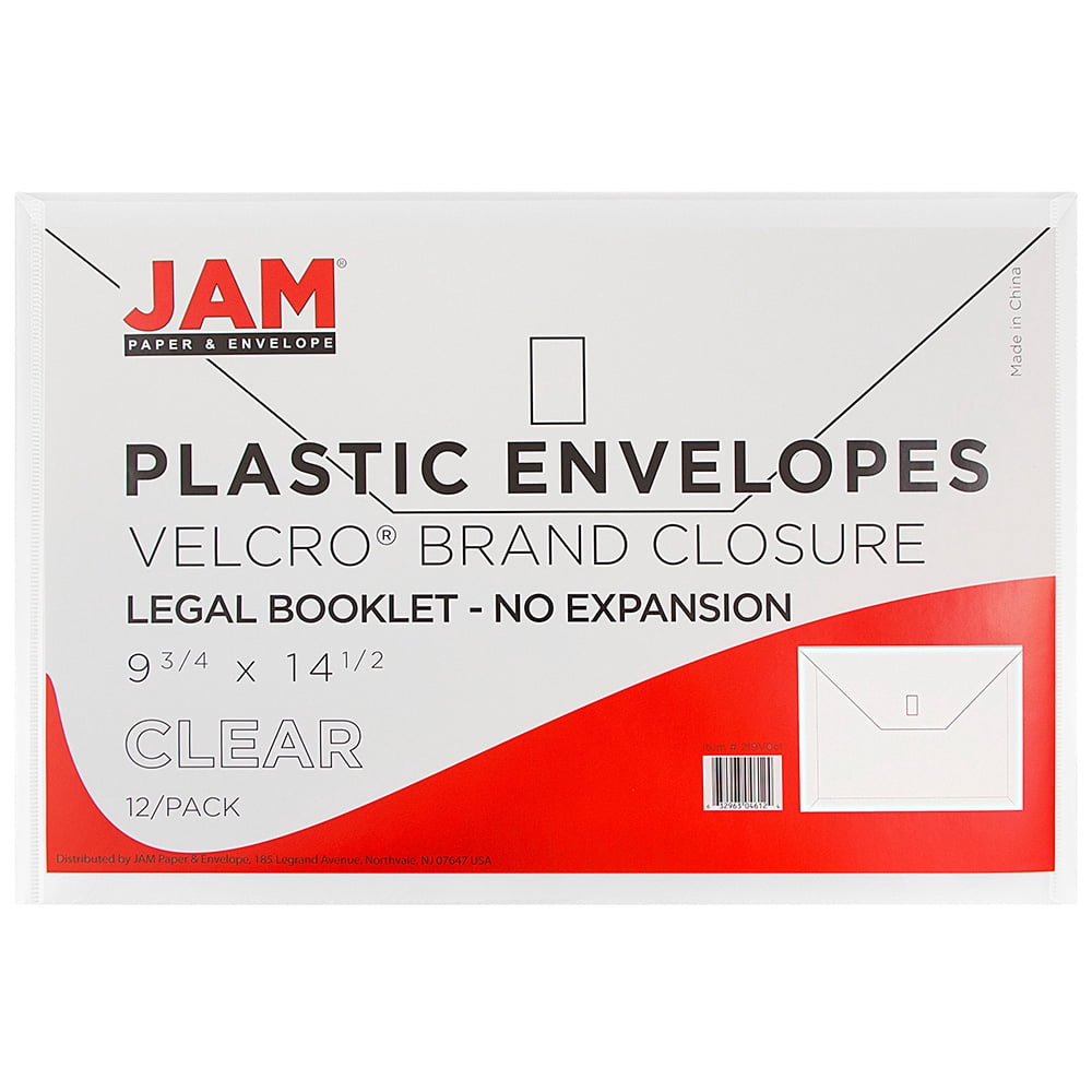 JAM Paper Plastic Hook and Loop Envelopes, 9.8" x 14.5", 12 Per Pack, Clear