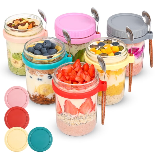 Recipientes de avena Overnight Oats Xileanalee, 530 ml, con tapas y cucharas, paquete de 6