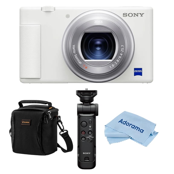 Sony ZV-1 Compact 4K HD Camera, White, Bundle with Shooting Grip/Tripod, 64GB Memory Card and Shoulder Bag