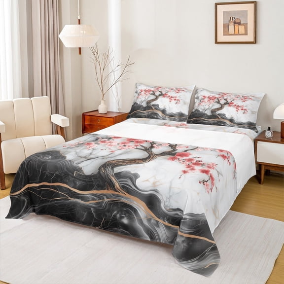 Manfei Cherry Blossoms Bed Sheets Set Twin Size, Marble Abstract Bed Sheets Twin, Modern Fashion Bedding Twin Size, Breathable Room Decoration, 3pcs