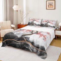 Manfei Cherry Blossoms Bed Sheets Set Twin Size, Marble Abstract Bed Sheets Twin, Modern Fashion Bedding Twin Size, Breathable Room Decoration, 3pcs