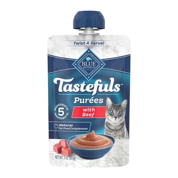 Blue Buffalo Tastefuls Purees Natural Complement with Just 5 Ingredients, Beef Adult Cat Food, 3 oz., Case of 12