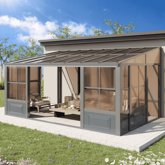 EROMMY 10' x 12' Wall Mounted Gazebo Sunroom, Solarium with Aluminum Frame, Polycarbonate Roof, Permanent Sun Room with Lockable Sliding Doors, Lean to pergola for Garden, Grey