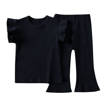 vdgthytj Toddler Baby Girl Summer Clothes Casual Ribbed Crewneck Ruffle Sleeve Top and Flare Pants 2PCS Outfits Set
