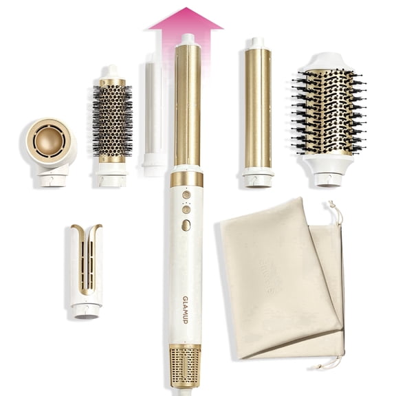 GLAMUP Hair 6-in-1 Extra Long Wrap AirCurler, Hot Air Styler & Hair Dryer Brush, No Heat Damage, Straightening, Curling & Volumizing, Gift Set, Round Brush, White