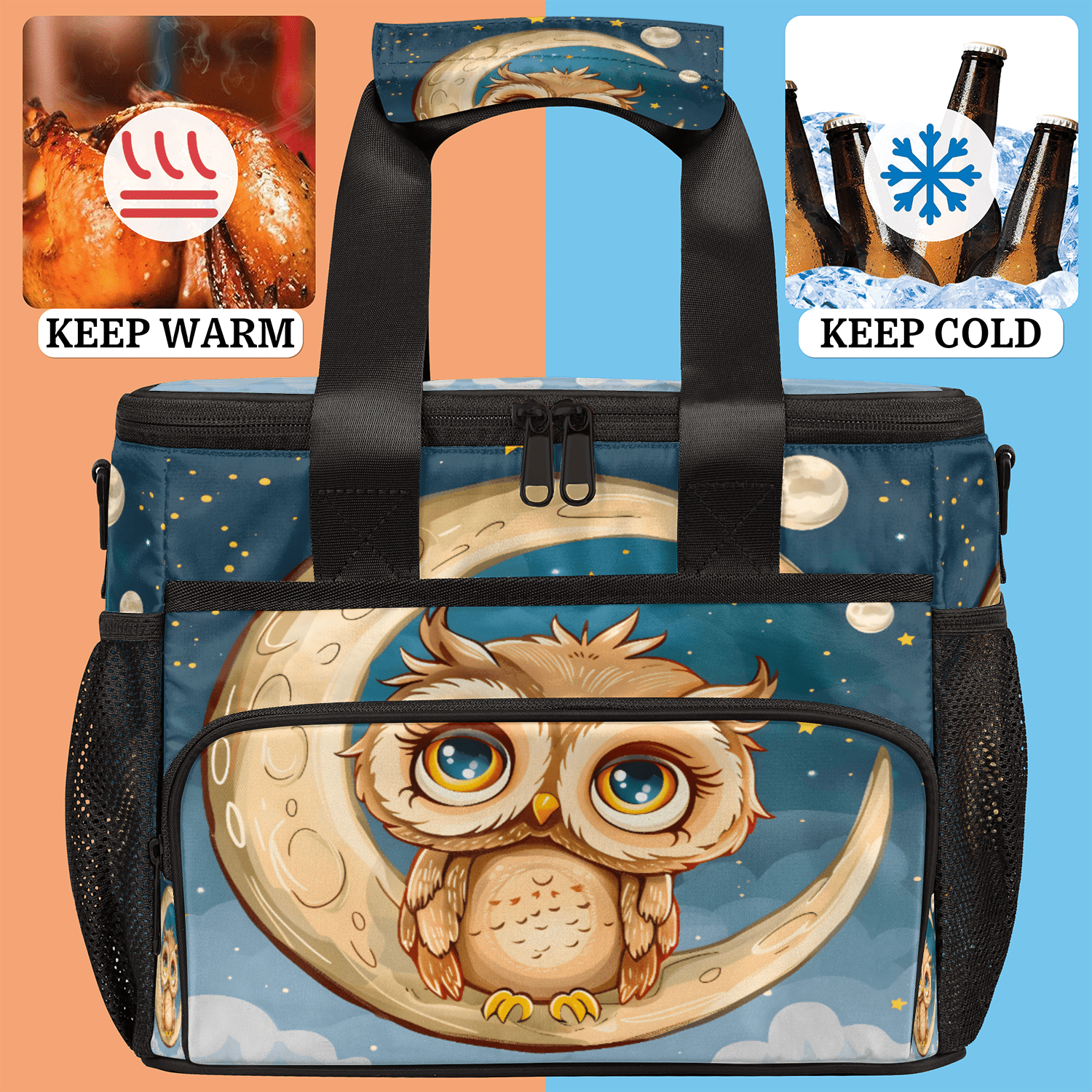 Herdesigns Night Moon Owl Large Lunch Box for Adults Women Men with Adjustable Shoulder Strap, Insulated Reusable Lunch Bag Leakproof Cooler Tote Bag