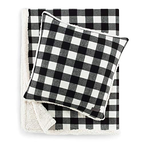 Eddie Bauer Ensemble Couverture/coussin Jeté en Molleton Sherpa à Carreaux Style Cabane, 60 x 50/20 x 20, Noir